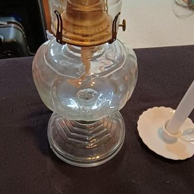 QUEEN ANNE NO 2 GLASS OIL LAMP AND A CANDLE HOLDER