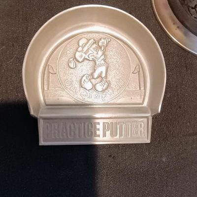 PEWTER PLATE AND MUG, STAINLESS STEEL CANDLE HOLDER & MICKEY MOUSE PRACTICE PUTTER