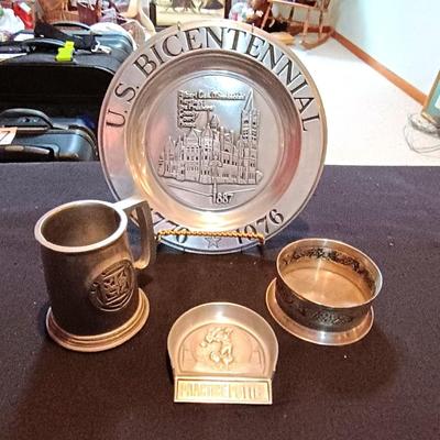 PEWTER PLATE AND MUG, STAINLESS STEEL CANDLE HOLDER & MICKEY MOUSE PRACTICE PUTTER