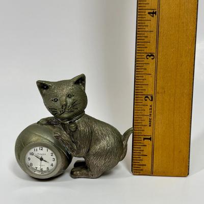 Vintage Timex Mini Clock Pewter Cat Figurine Paperweight