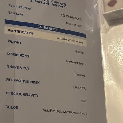 4.18 Carat Real Ruby -Lab Created