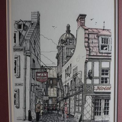 Two Framed Pen and Ink Drawing Prints Signed by Magher
