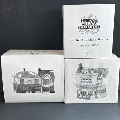 LOT 2K: Department 56 Heritage Village Collection Dickens Village Series - The Wool Shop, The Mermaid Fish Shoppe & The Old Curiosity...
