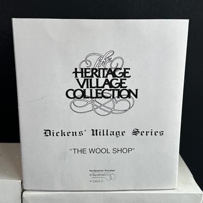 LOT 2K: Department 56 Heritage Village Collection Dickens Village Series - The Wool Shop, The Mermaid Fish Shoppe & The Old Curiosity...