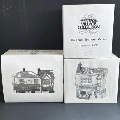 LOT 2K: Department 56 Heritage Village Collection Dickens Village Series - The Wool Shop, The Mermaid Fish Shoppe & The Old Curiosity...
