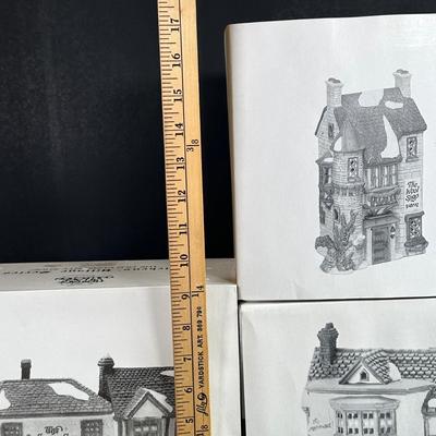 LOT 2K: Department 56 Heritage Village Collection Dickens Village Series - The Wool Shop, The Mermaid Fish Shoppe & The Old Curiosity...