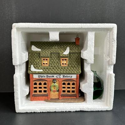 LOT 3K: Department 56 Heritage Village Collection Dickens Village Series - White Horse Bakery, Geo Weston Watchmaker & Cobles Police...
