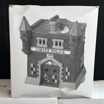 LOT 3K: Department 56 Heritage Village Collection Dickens Village Series - White Horse Bakery, Geo Weston Watchmaker & Cobles Police...
