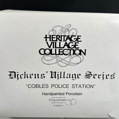 LOT 3K: Department 56 Heritage Village Collection Dickens Village Series - White Horse Bakery, Geo Weston Watchmaker & Cobles Police...