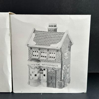 LOT 3K: Department 56 Heritage Village Collection Dickens Village Series - White Horse Bakery, Geo Weston Watchmaker & Cobles Police...