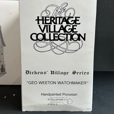 LOT 3K: Department 56 Heritage Village Collection Dickens Village Series - White Horse Bakery, Geo Weston Watchmaker & Cobles Police...
