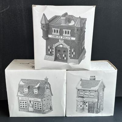 LOT 3K: Department 56 Heritage Village Collection Dickens Village Series - White Horse Bakery, Geo Weston Watchmaker & Cobles Police...
