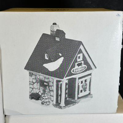 LOT 7K: Department 56 Heritage Village Collection New England Village Series - Old North Church, Ben’s Barber Shop, Otis Hayes Butcher...