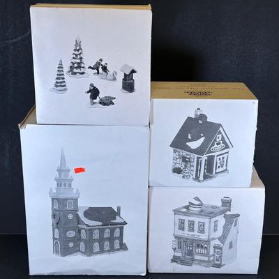 LOT 7K: Department 56 Heritage Village Collection New England Village Series - Old North Church, Ben’s Barber Shop, Otis Hayes Butcher...
