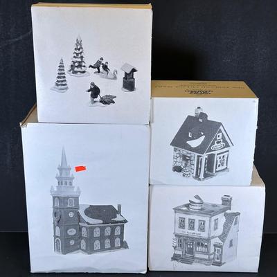 LOT 7K: Department 56 Heritage Village Collection New England Village Series - Old North Church, Ben’s Barber Shop, Otis Hayes Butcher...