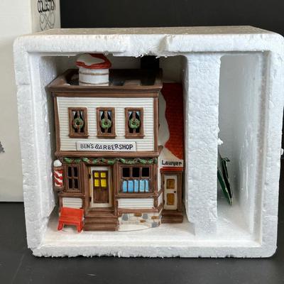 LOT 7K: Department 56 Heritage Village Collection New England Village Series - Old North Church, Ben’s Barber Shop, Otis Hayes Butcher...