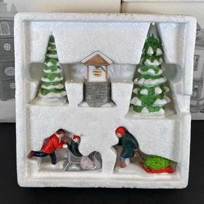 LOT 7K: Department 56 Heritage Village Collection New England Village Series - Old North Church, Ben’s Barber Shop, Otis Hayes Butcher...