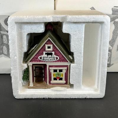 LOT 7K: Department 56 Heritage Village Collection New England Village Series - Old North Church, Ben’s Barber Shop, Otis Hayes Butcher...