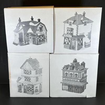 LOT 11K: Department 56 Heritage Village Collection Dickens Village Series - Theater Royal, Poulterer, Walpole Tailors & T Wells Fruit...