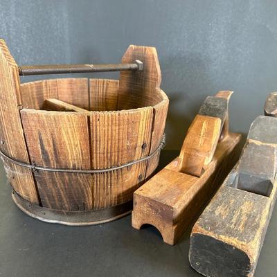 LOT 25K: Vintage Wooden Tool Bucket & Vintage Hand Planes