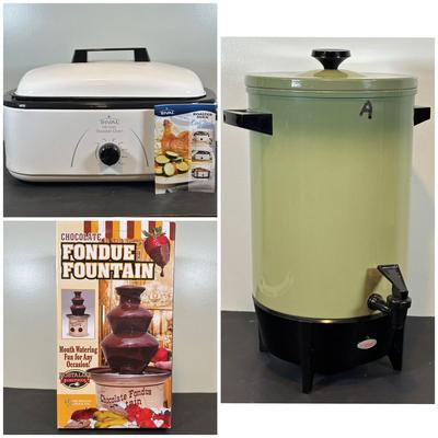LOT 63B: Kitchen Appliances- West Bend Continental Automatic Party Percolator, Chocolate Fondue Fountain & More