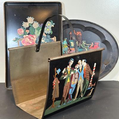 LOT 67B: Vintage Hand Painted Magazine Holder & Serving Trays
