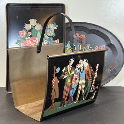 LOT 67B: Vintage Hand Painted Magazine Holder & Serving Trays