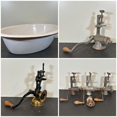 LOT 77B: Vintage Meat Grinders & Enamel Tub