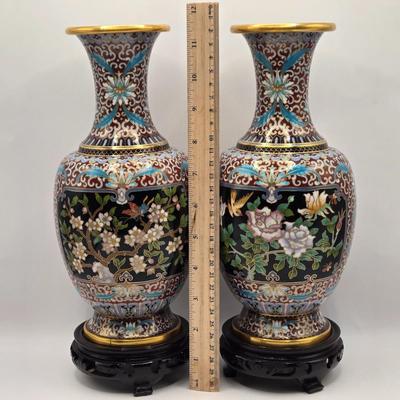 LOT 84B: Two Vintage Hand Crafted Brass Enamel Floral Design Flower Pots