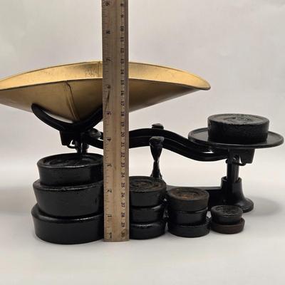 LOT 88B: Vintage Balance Scale with Iron Weights and Brass Holder, Antique Honing Stone, Stone Rolling Pin, and Scoop Master Ice Cream Scoop