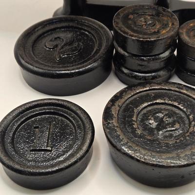 LOT 88B: Vintage Balance Scale with Iron Weights and Brass Holder, Antique Honing Stone, Stone Rolling Pin, and Scoop Master Ice Cream Scoop