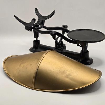 LOT 88B: Vintage Balance Scale with Iron Weights and Brass Holder, Antique Honing Stone, Stone Rolling Pin, and Scoop Master Ice Cream Scoop