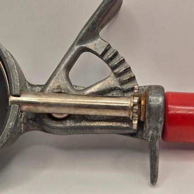 LOT 88B: Vintage Balance Scale with Iron Weights and Brass Holder, Antique Honing Stone, Stone Rolling Pin, and Scoop Master Ice Cream Scoop
