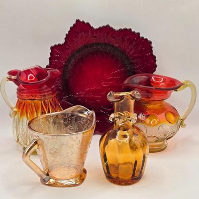 LOT 95B: Ruby Leaf Plate, Two Amberina Miniature Pitchers, Vintage Amber Bud Vase, and Iridescent Marigold Creamer