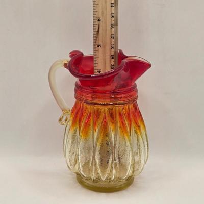 LOT 95B: Ruby Leaf Plate, Two Amberina Miniature Pitchers, Vintage Amber Bud Vase, and Iridescent Marigold Creamer