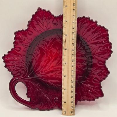 LOT 95B: Ruby Leaf Plate, Two Amberina Miniature Pitchers, Vintage Amber Bud Vase, and Iridescent Marigold Creamer