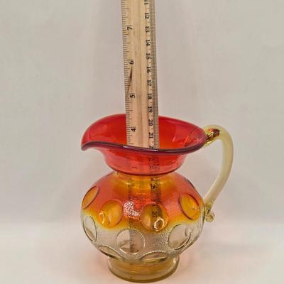 LOT 95B: Ruby Leaf Plate, Two Amberina Miniature Pitchers, Vintage Amber Bud Vase, and Iridescent Marigold Creamer