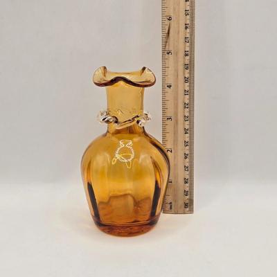 LOT 95B: Ruby Leaf Plate, Two Amberina Miniature Pitchers, Vintage Amber Bud Vase, and Iridescent Marigold Creamer