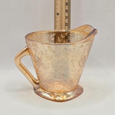 LOT 95B: Ruby Leaf Plate, Two Amberina Miniature Pitchers, Vintage Amber Bud Vase, and Iridescent Marigold Creamer