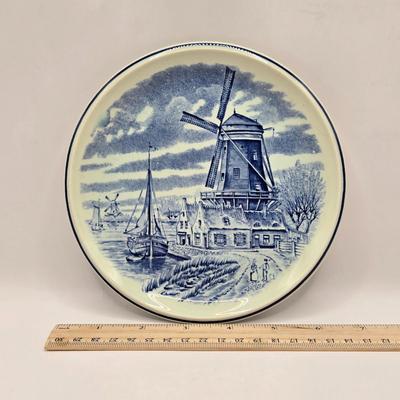 LOT 96B: Three Delft Hand-Painted Plates, Boopie Bubble Glass Ashtray, Vintage Beaded Blue Ruffle Compote Dish, Cobalt Blue Rimmed...