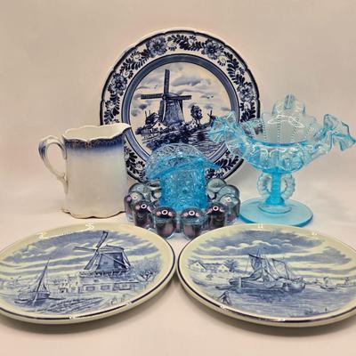 LOT 96B: Three Delft Hand-Painted Plates, Boopie Bubble Glass Ashtray, Vintage Beaded Blue Ruffle Compote Dish, Cobalt Blue Rimmed...