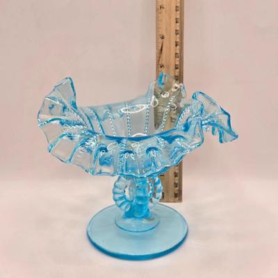 LOT 96B: Three Delft Hand-Painted Plates, Boopie Bubble Glass Ashtray, Vintage Beaded Blue Ruffle Compote Dish, Cobalt Blue Rimmed...