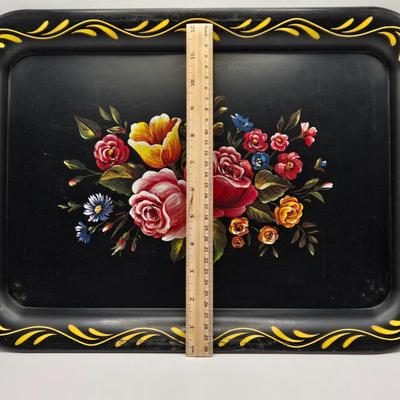 LOT 97B: There's Nothing Like Fresh Flowers. Except Painted Ones! MCM Floral Metal Tole Tray and Multiple Floral Cups, Saucers, and...