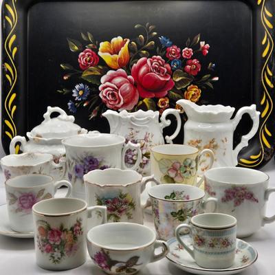 LOT 97B: There's Nothing Like Fresh Flowers. Except Painted Ones! MCM Floral Metal Tole Tray and Multiple Floral Cups, Saucers, and...