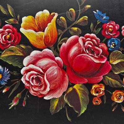 LOT 97B: There's Nothing Like Fresh Flowers. Except Painted Ones! MCM Floral Metal Tole Tray and Multiple Floral Cups, Saucers, and...