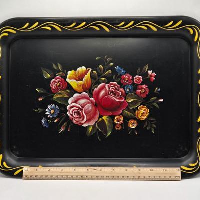 LOT 97B: There's Nothing Like Fresh Flowers. Except Painted Ones! MCM Floral Metal Tole Tray and Multiple Floral Cups, Saucers, and...