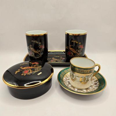 LOT 98B: Royal Bavaria Germany Black Tray w/ 2 Cups , Covered Trinket Bowl, and RW Bavaria Cup and Saucer Set Made in Germany