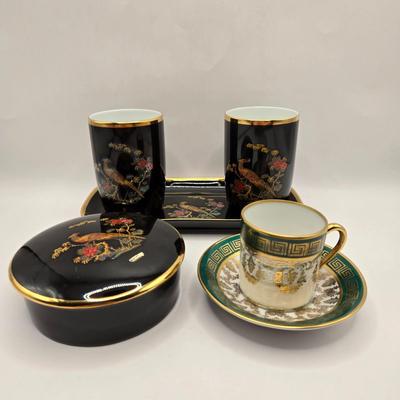 LOT 98B: Royal Bavaria Germany Black Tray w/ 2 Cups , Covered Trinket Bowl, and RW Bavaria Cup and Saucer Set Made in Germany