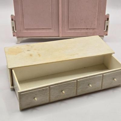 LOT 104B: Barbie Armoire, Drawer, Furniture, and Barbie, Skipper, Ken, & Allan Clothing and Accessories