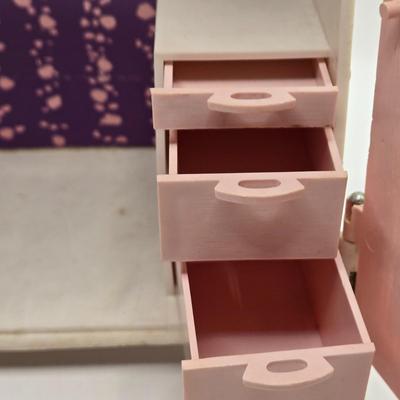 LOT 104B: Barbie Armoire, Drawer, Furniture, and Barbie, Skipper, Ken, & Allan Clothing and Accessories